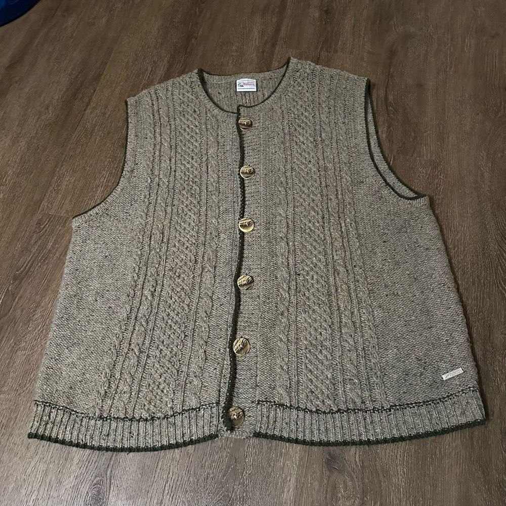 Vintage Alphorn Wool Blend Cable Knit Mens Grandpa Sweater Vest Gray Green Sz XL